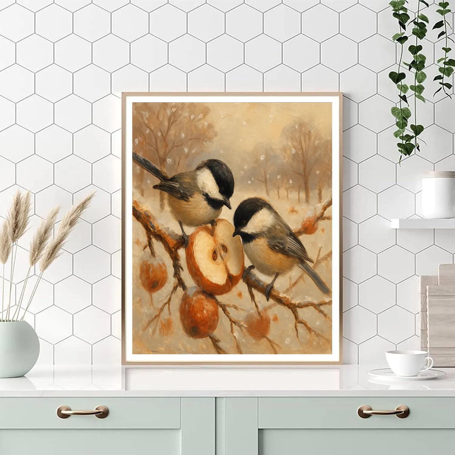 Snowy Orchard Chickadees And Cinnamon Apples Paint by numbers art
