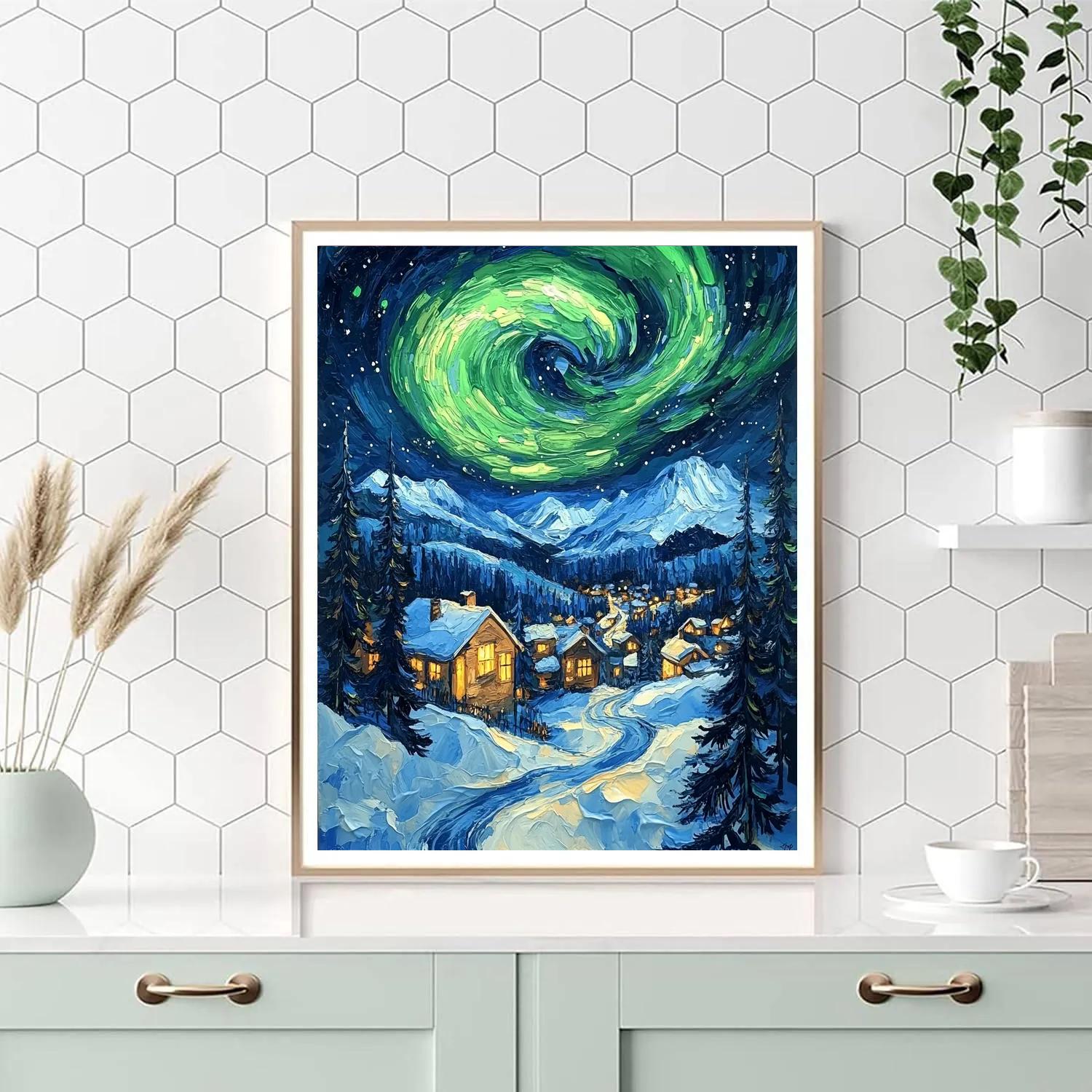 Van Gogh Inspired Aurora Mountain Village Paint by numbers kits