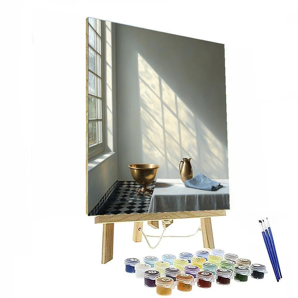 Johannes Vermeer Inspired Sunbeam Over Delft Tiles And Brass Bowl Paint by numbers art