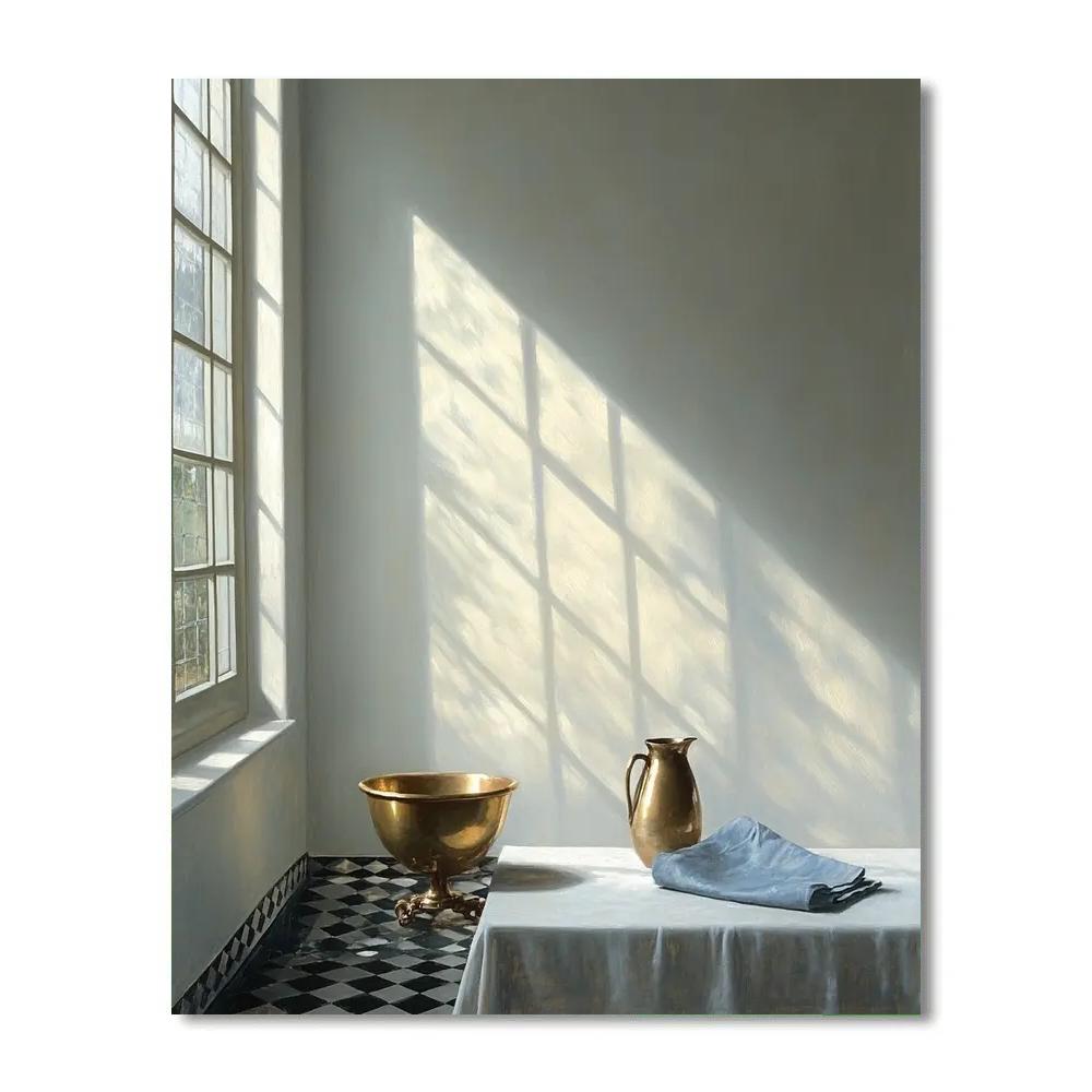 Johannes Vermeer Inspired Sunbeam Over Delft Tiles And Brass Bowl Paint by numbers art