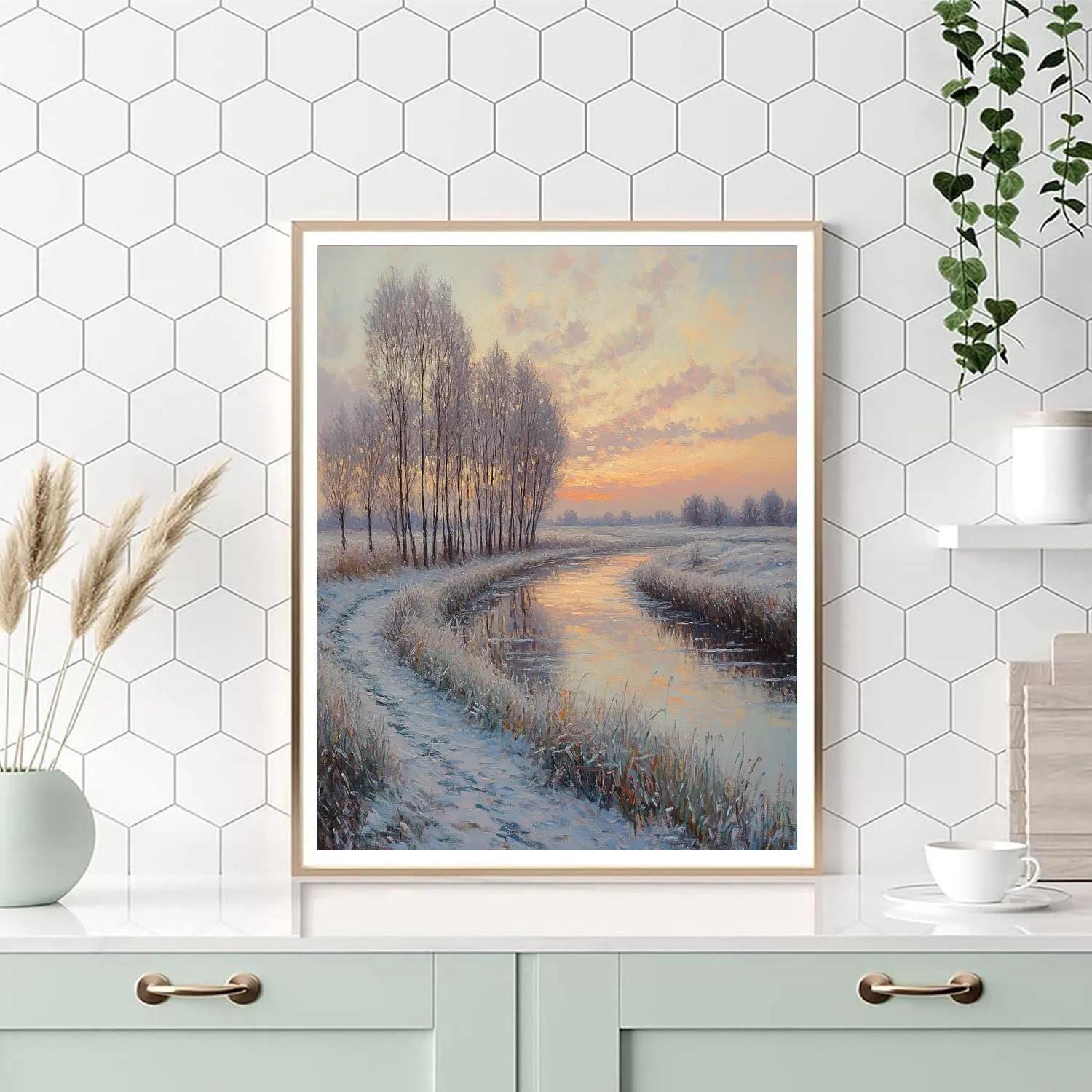 Claude Monet Inspired Frosted Poplar Riverbank In Pale Sunrise Numbered painting kits