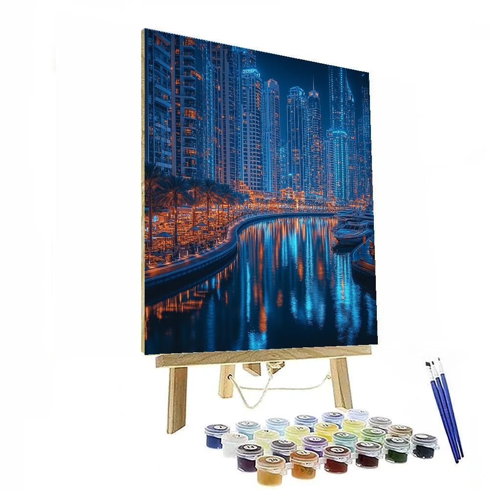 Dubai Marina Skyline From Waterside Walk Night Dubai United Arab Emirates paint by numbers