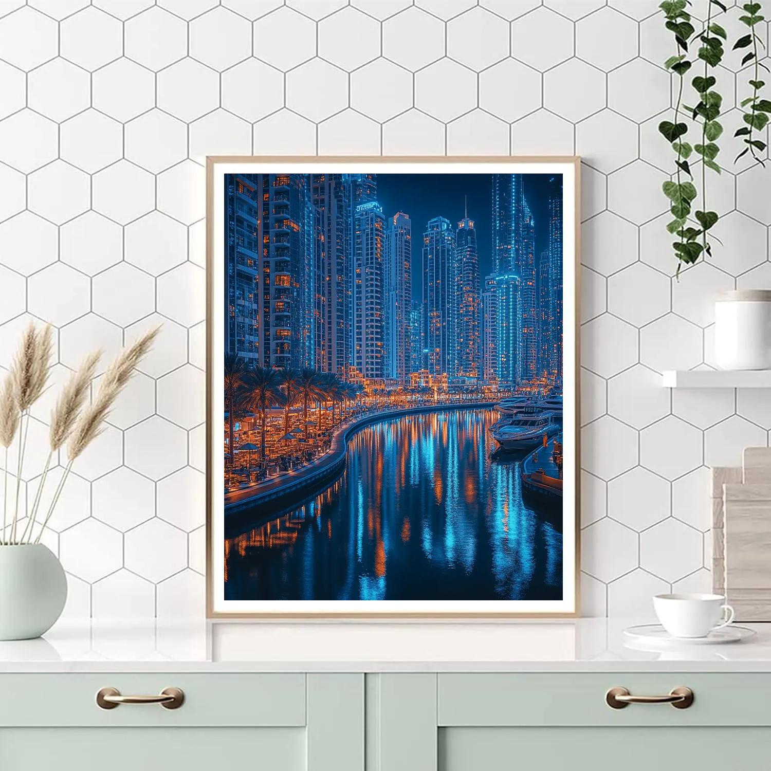 Dubai Marina Skyline From Waterside Walk Night Dubai United Arab Emirates paint by numbers