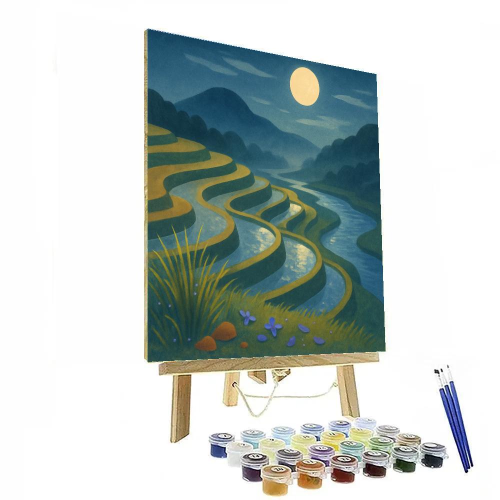 Moonlit Saffron Terraces Above The Quiet River paint by number