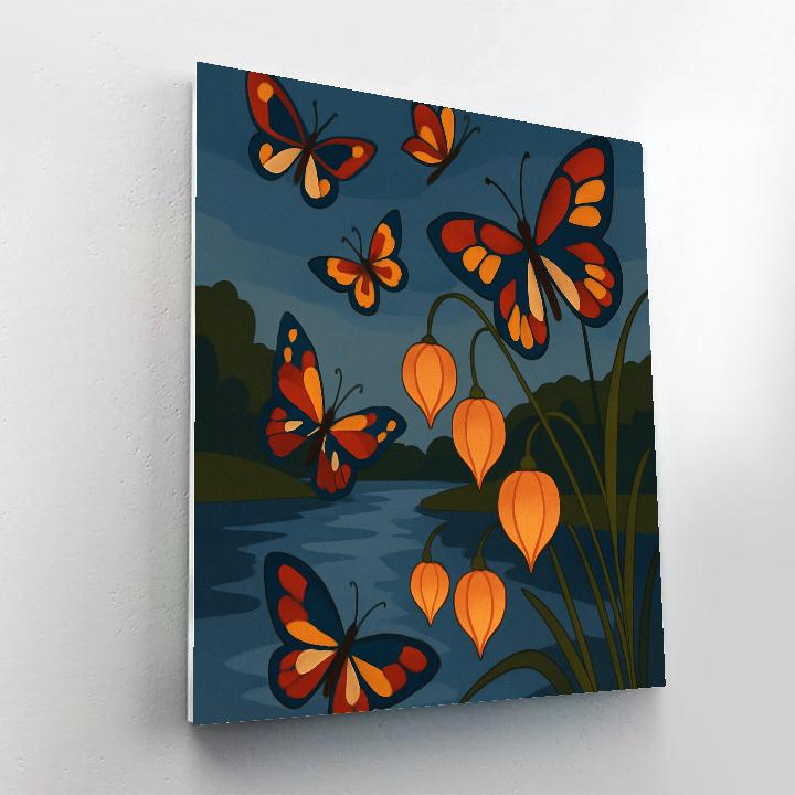 Lanternlit Riverbank With Butterfly Chorus Paint by numbers art