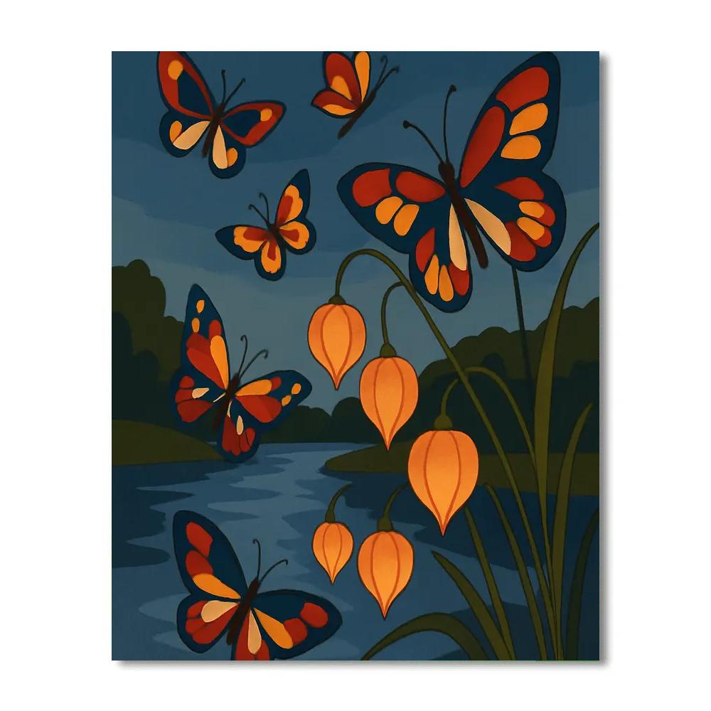 Lanternlit Riverbank With Butterfly Chorus Paint by numbers art