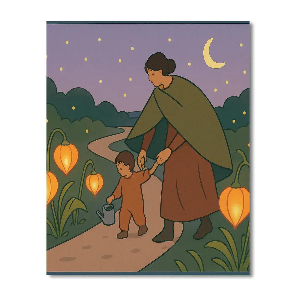 Garden Walk With Mother At Dusk paint by number