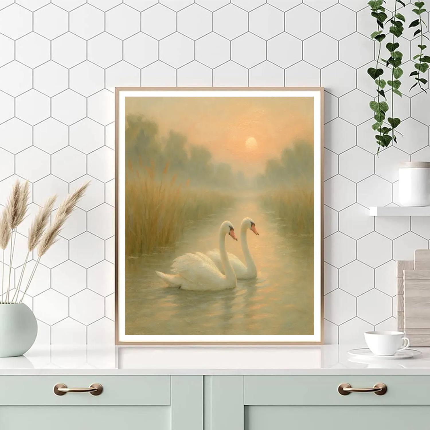Swans In The Misty Reed Coves Number painting