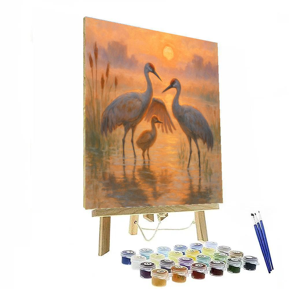Crane Family At Ember Sunrise Marsh Paint by numbers art
