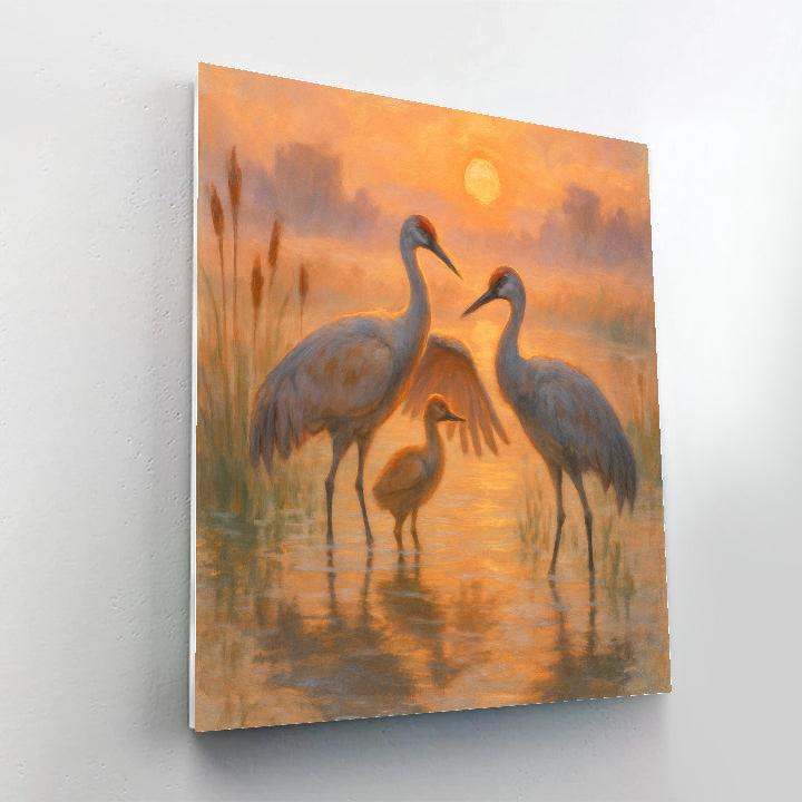 Crane Family At Ember Sunrise Marsh Paint by numbers art