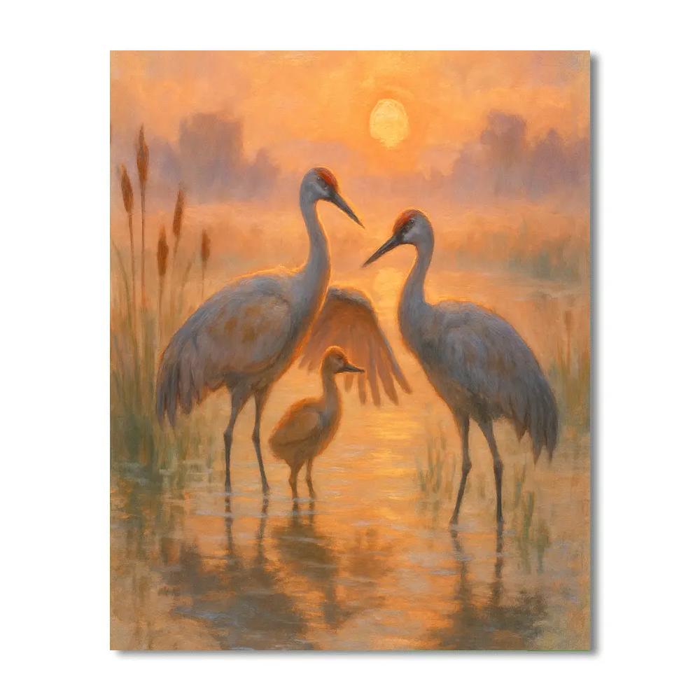 Crane Family At Ember Sunrise Marsh Paint by numbers art