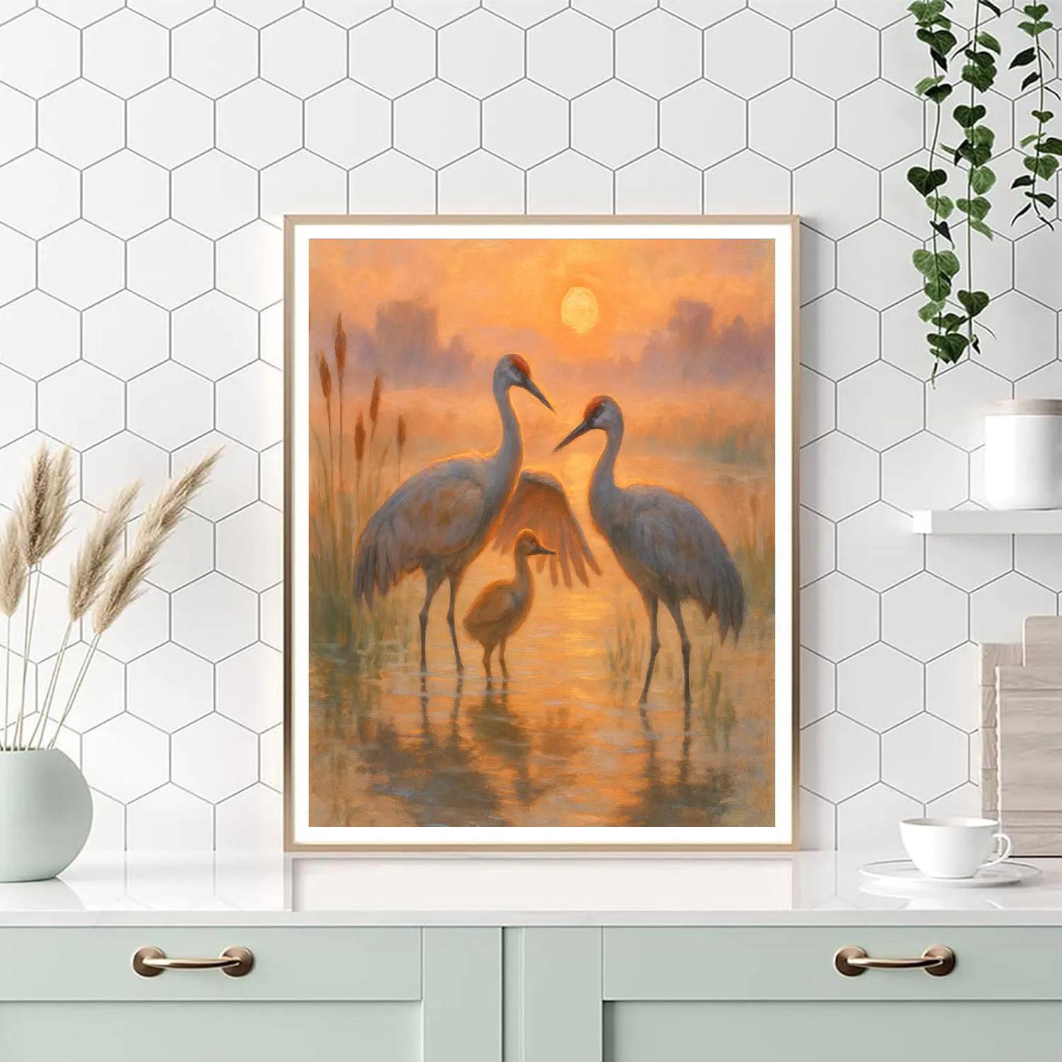 Crane Family At Ember Sunrise Marsh Paint by numbers art