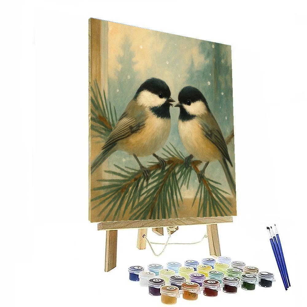 Chickadees In The Pine Needle Window View Painting by numbers kit