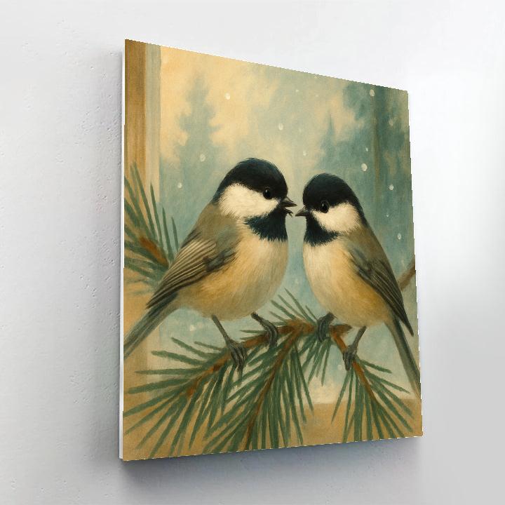 Chickadees In The Pine Needle Window View Painting by numbers kit
