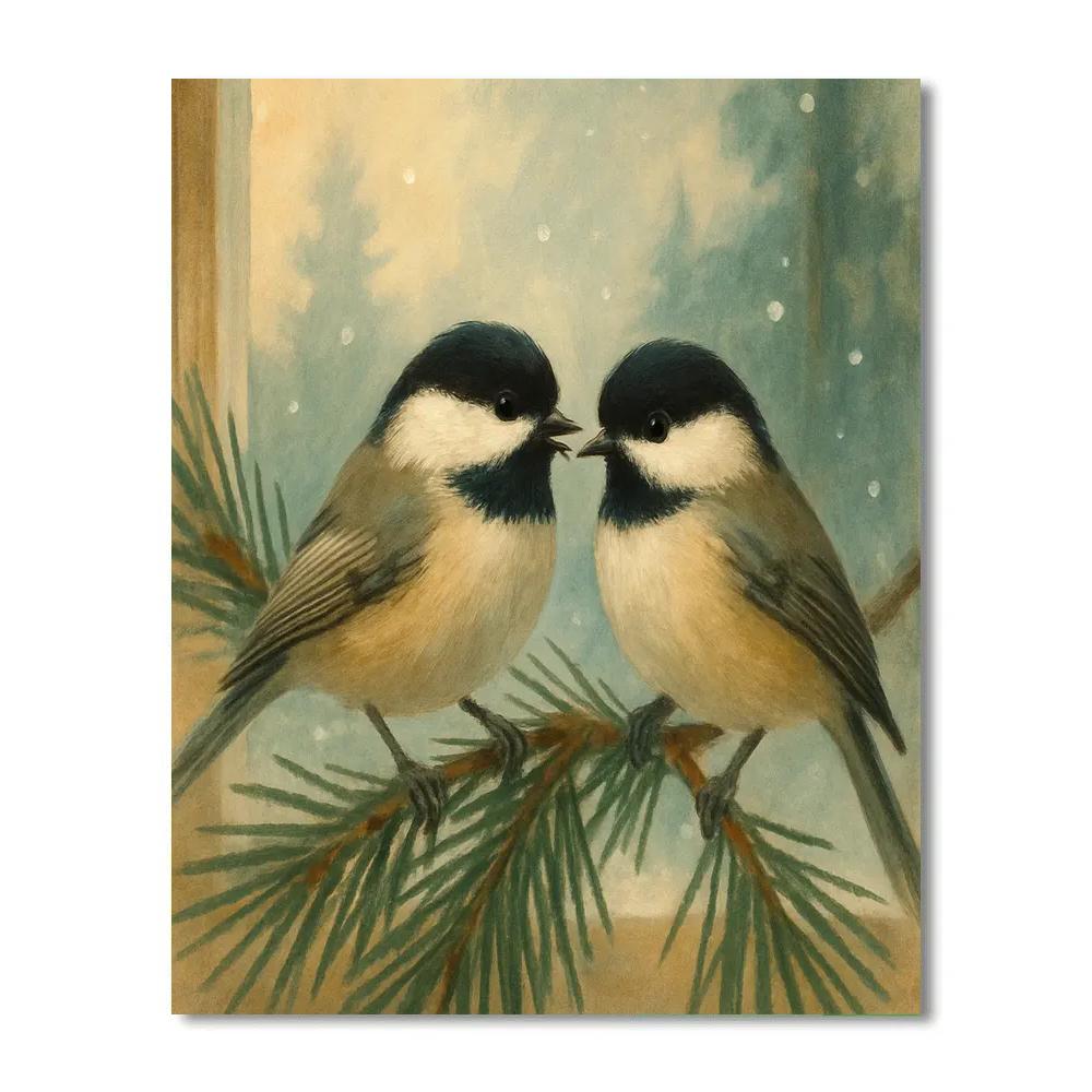 Chickadees In The Pine Needle Window View Painting by numbers kit
