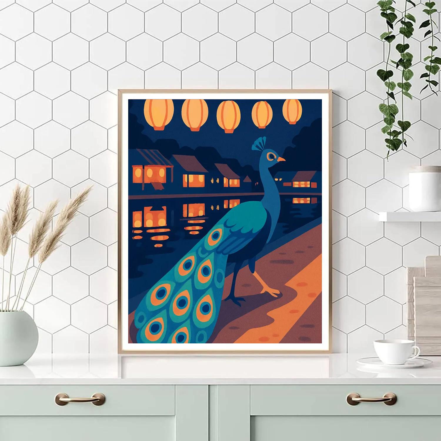 Festival Lanterns Above A Regal Peacock Paint by numbers art