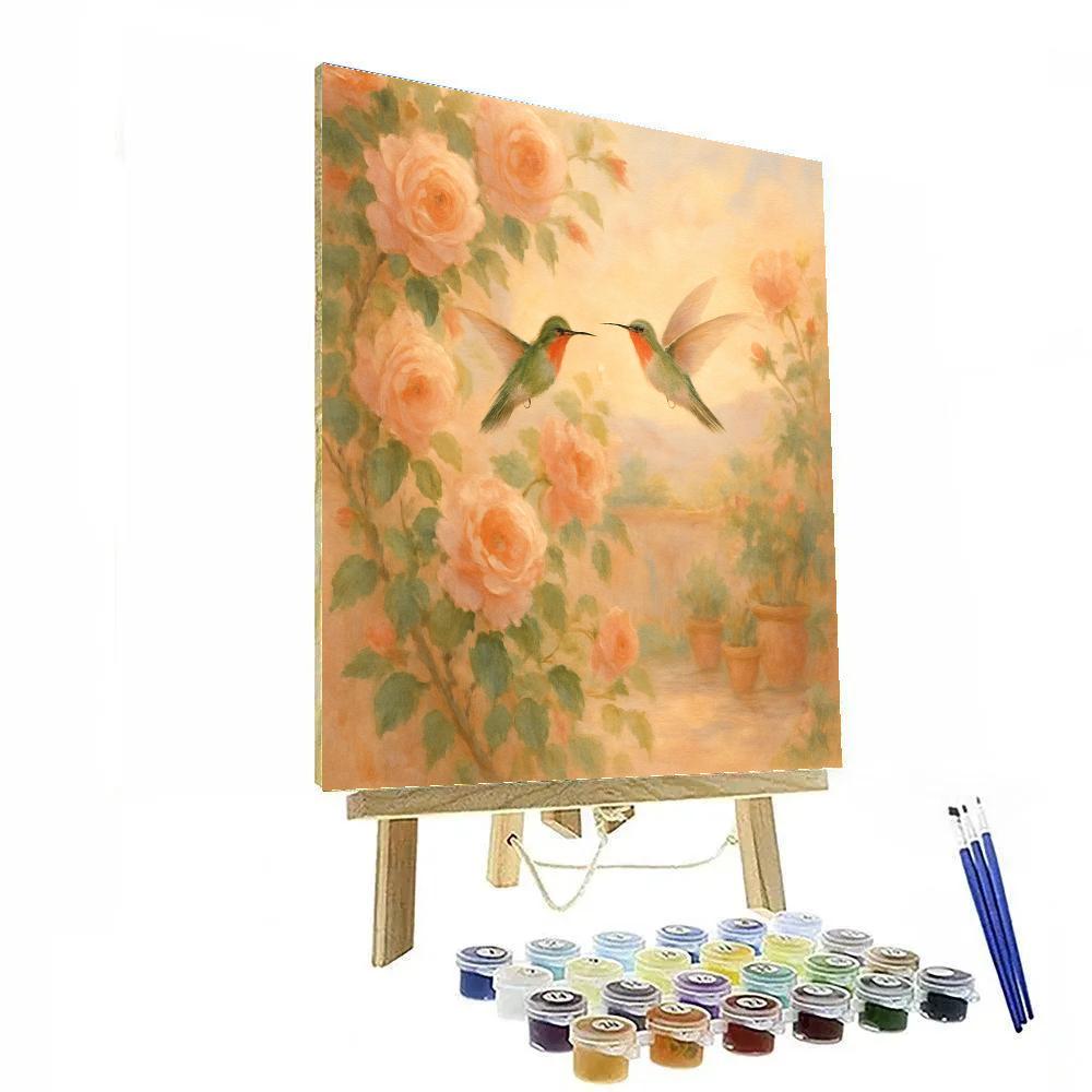 Hummingbirds At The Terrace Tea Roses paint by color