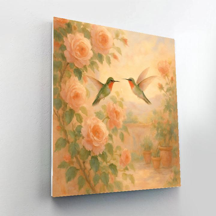 Hummingbirds At The Terrace Tea Roses paint by color