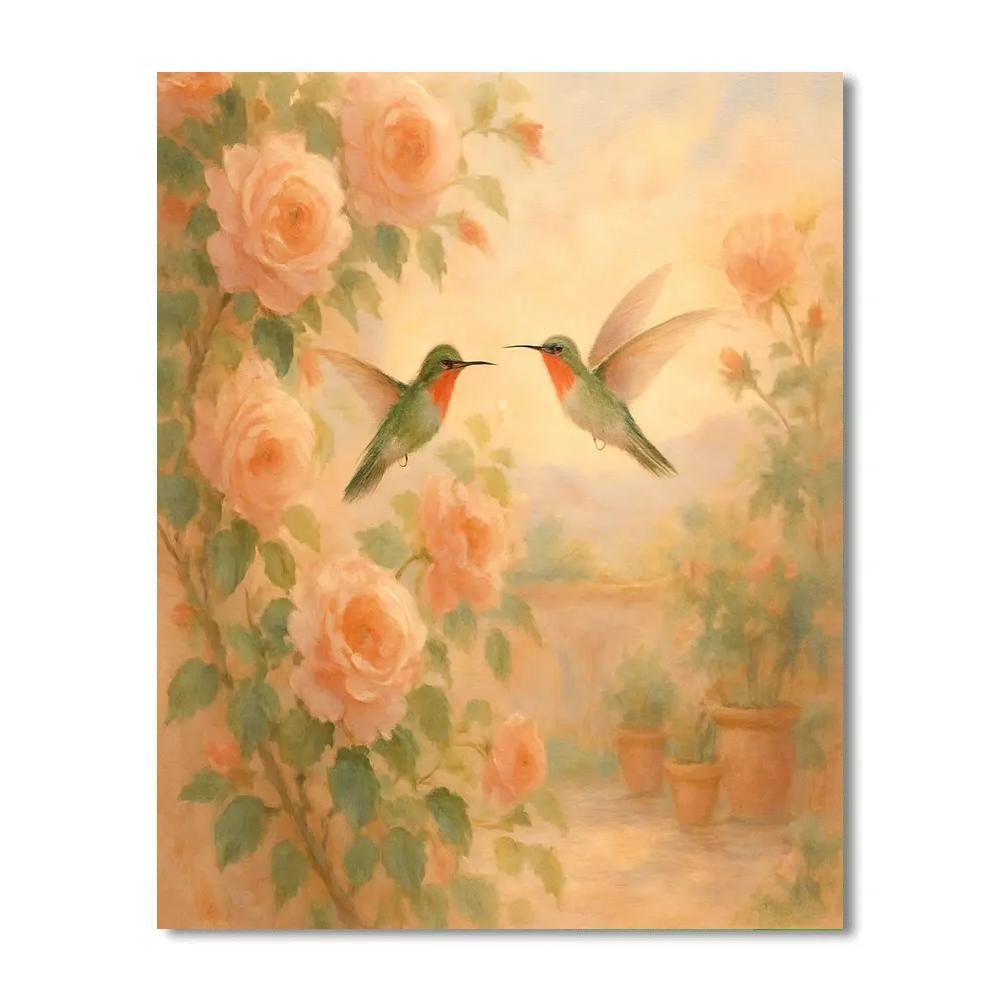 Hummingbirds At The Terrace Tea Roses paint by color