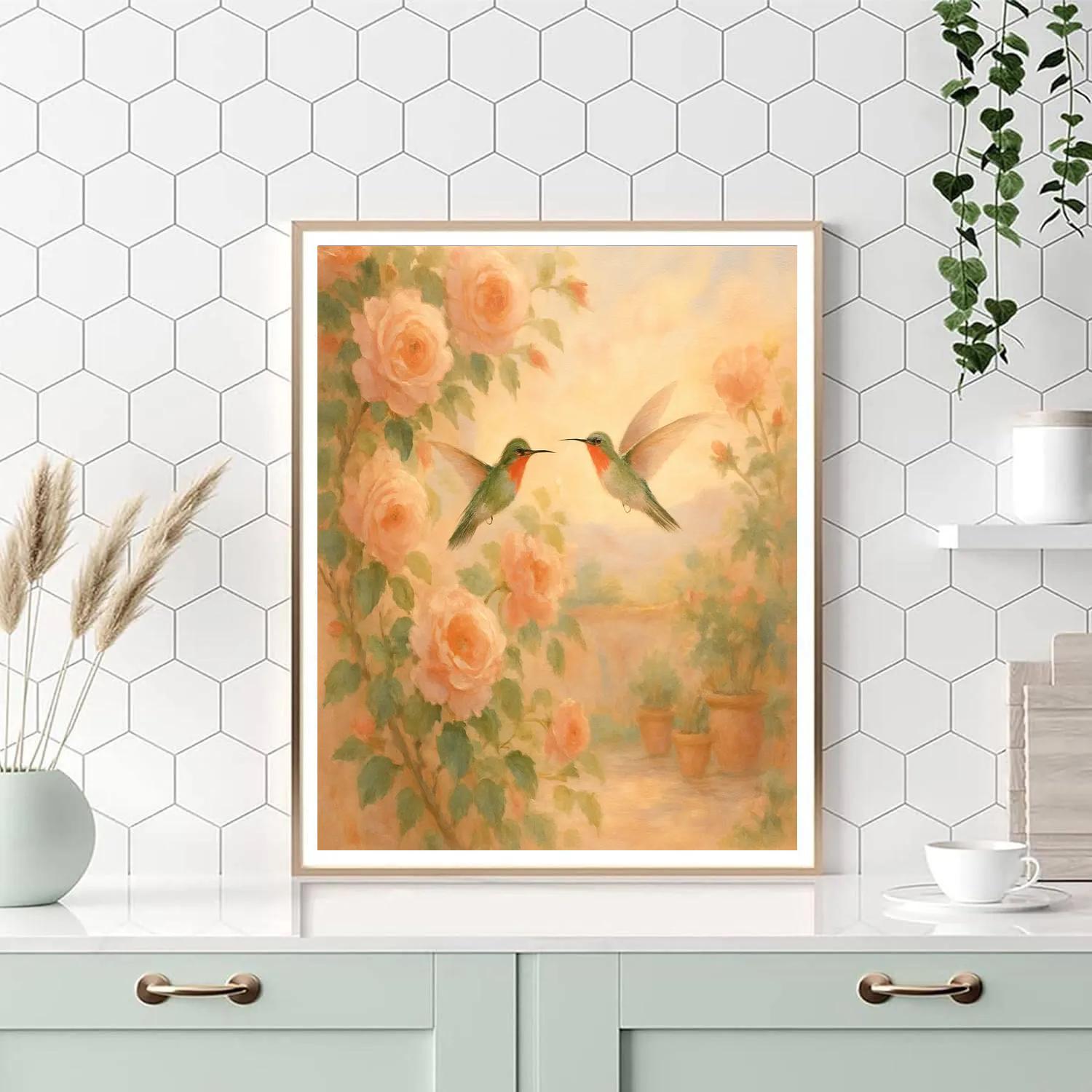 Hummingbirds At The Terrace Tea Roses paint by color