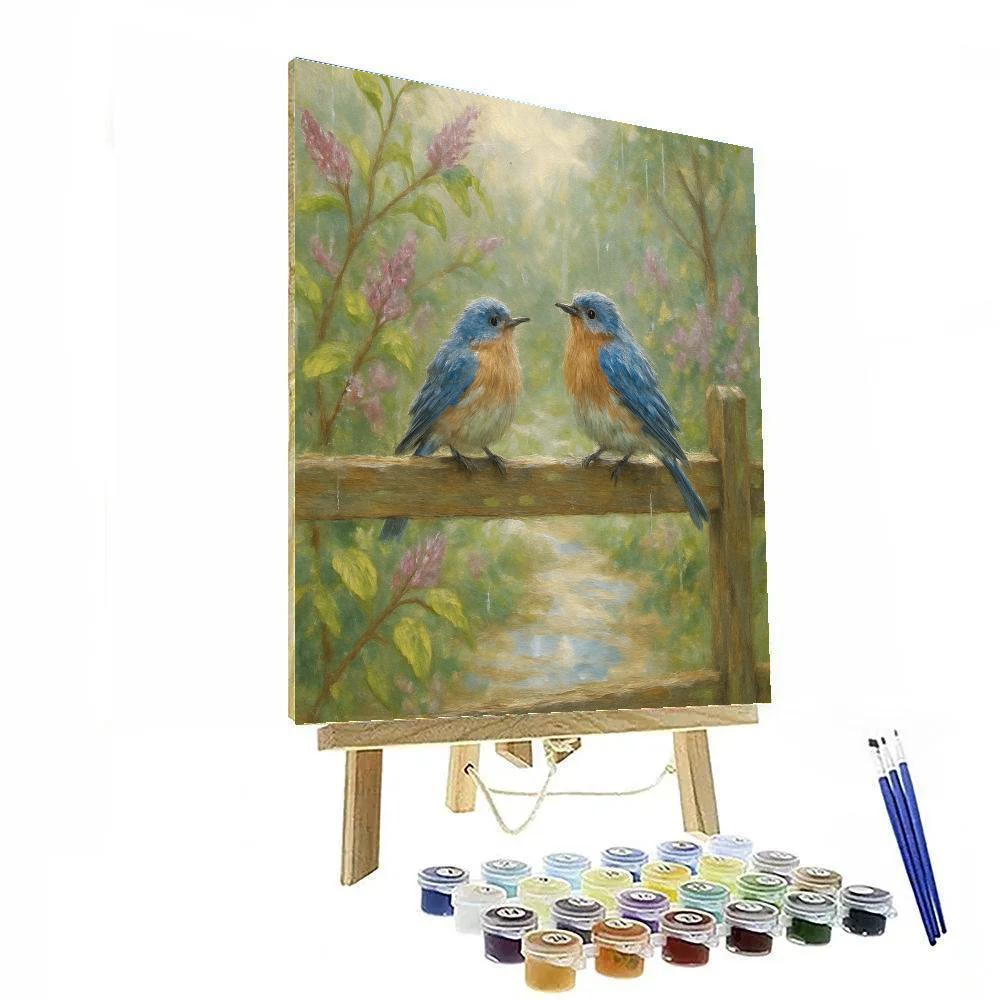Bluebirds At The Garden Gate In Spring Rain Paint by numbers art