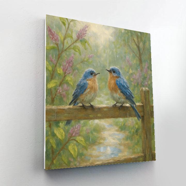 Bluebirds At The Garden Gate In Spring Rain Paint by numbers art