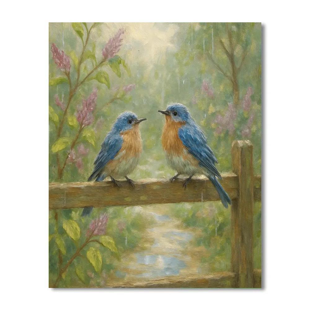 Bluebirds At The Garden Gate In Spring Rain Paint by numbers art