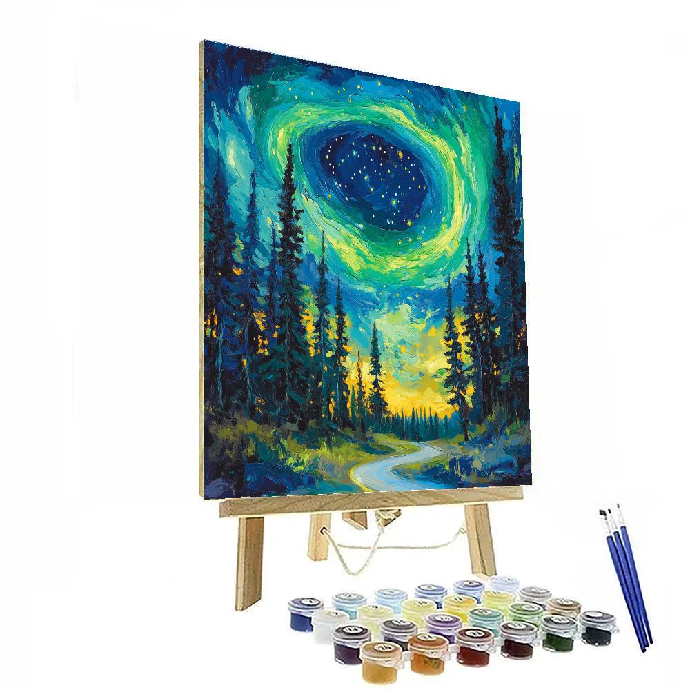 Van Gogh Inspired Aurora Over Pine Forest paint by color