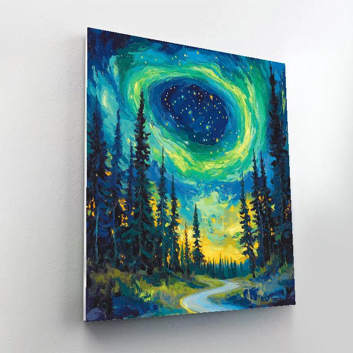 Van Gogh Inspired Aurora Over Pine Forest paint by color