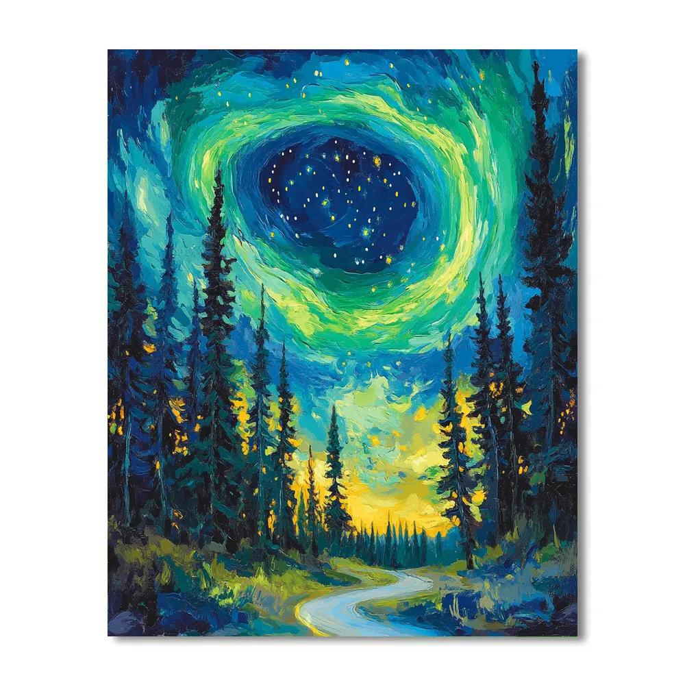 Van Gogh Inspired Aurora Over Pine Forest paint by color