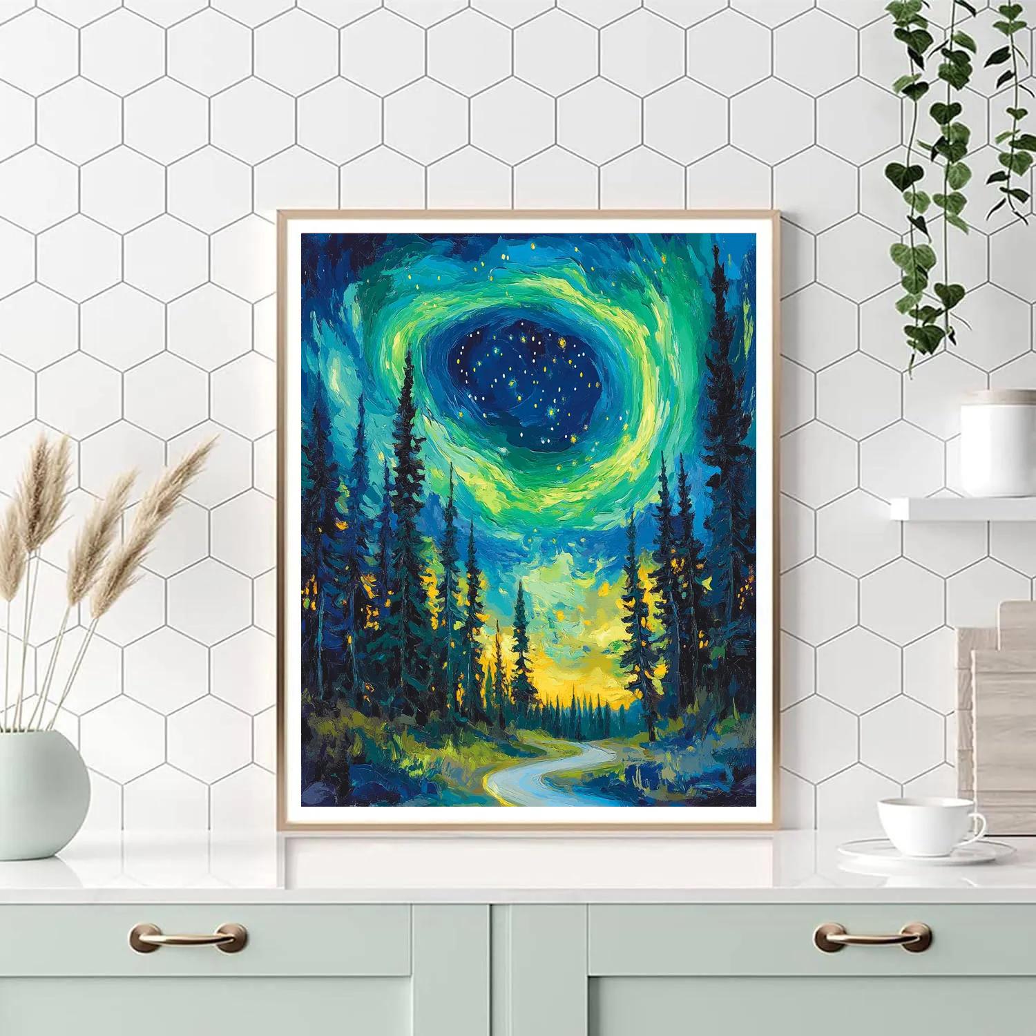 Van Gogh Inspired Aurora Over Pine Forest paint by color
