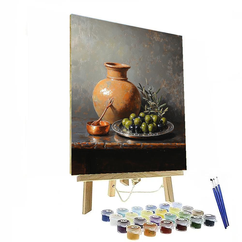 Diego Velázquez Inspired Market Still Life With Terracotta, Olives, And Copper Gleam Numbered painting kits