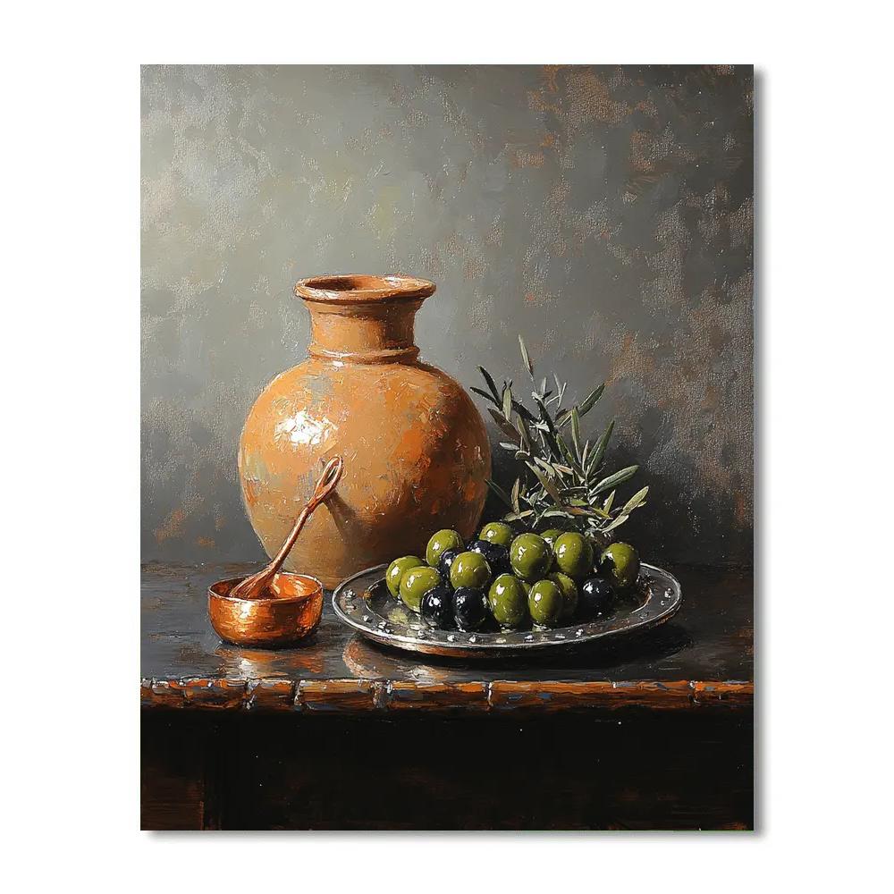 Diego Velázquez Inspired Market Still Life With Terracotta, Olives, And Copper Gleam Numbered painting kits