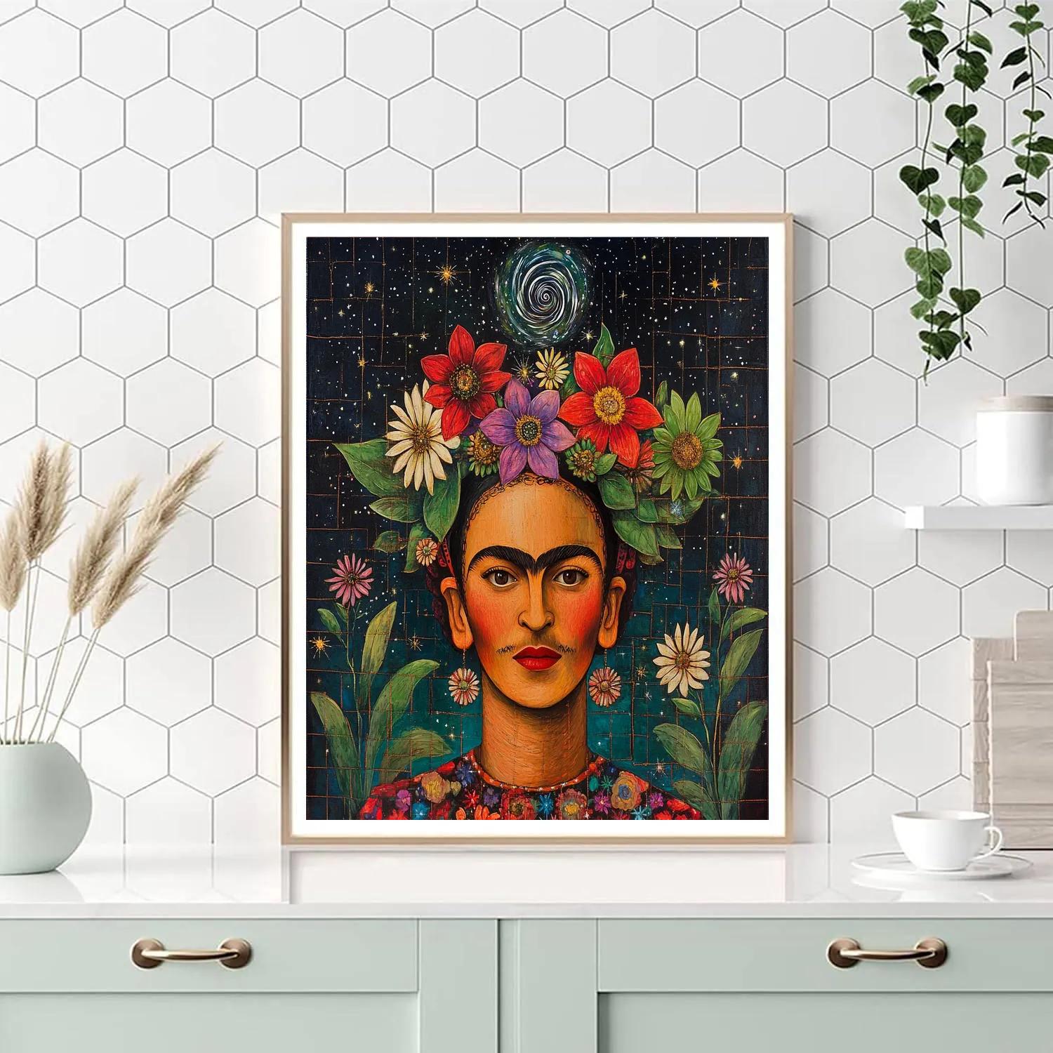 Frida Kahlo Inspired Portrait With Cosmic Flowers Paint by numbers kits