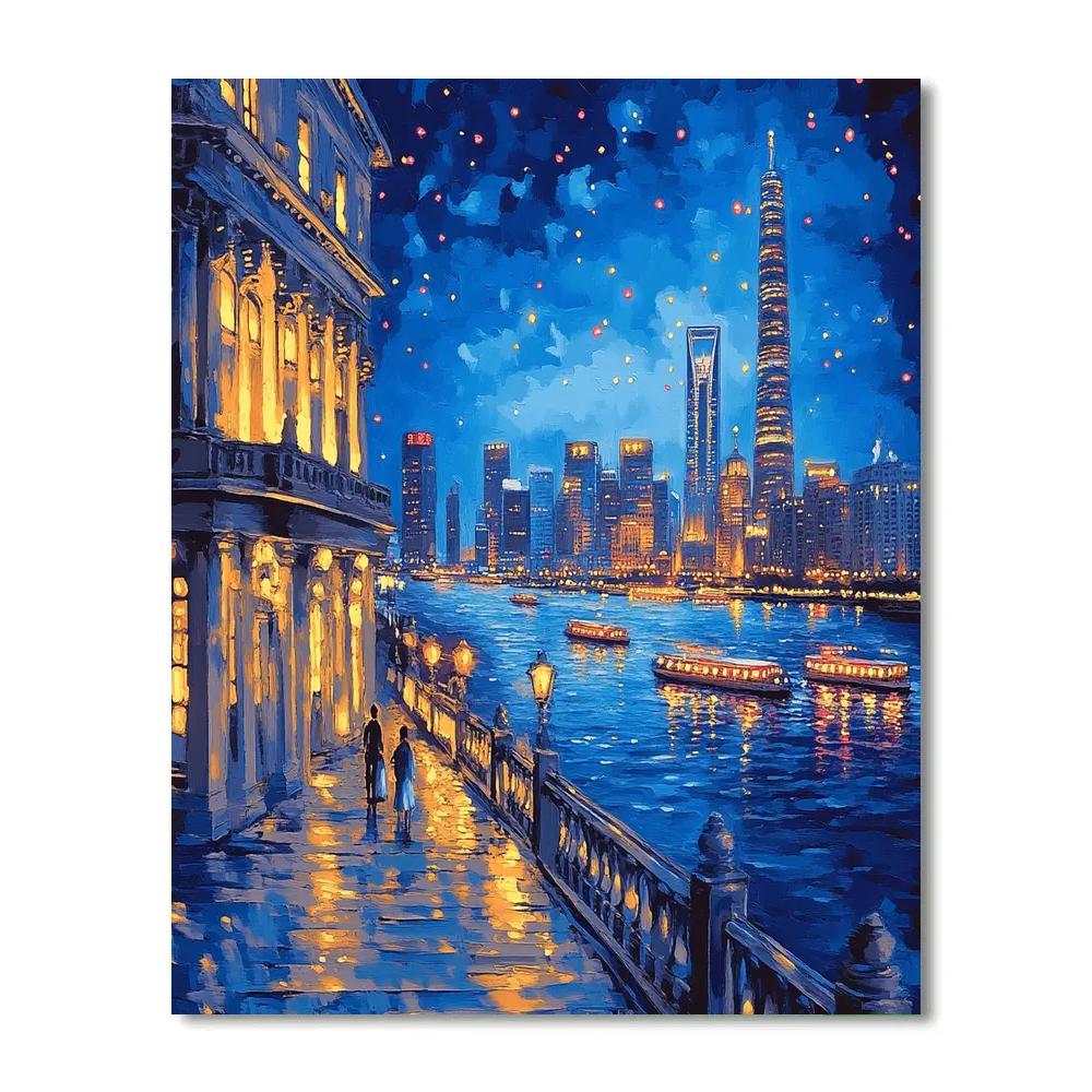 Night Skyline From The Bund Riverside Walk Shanghai China paint by number
