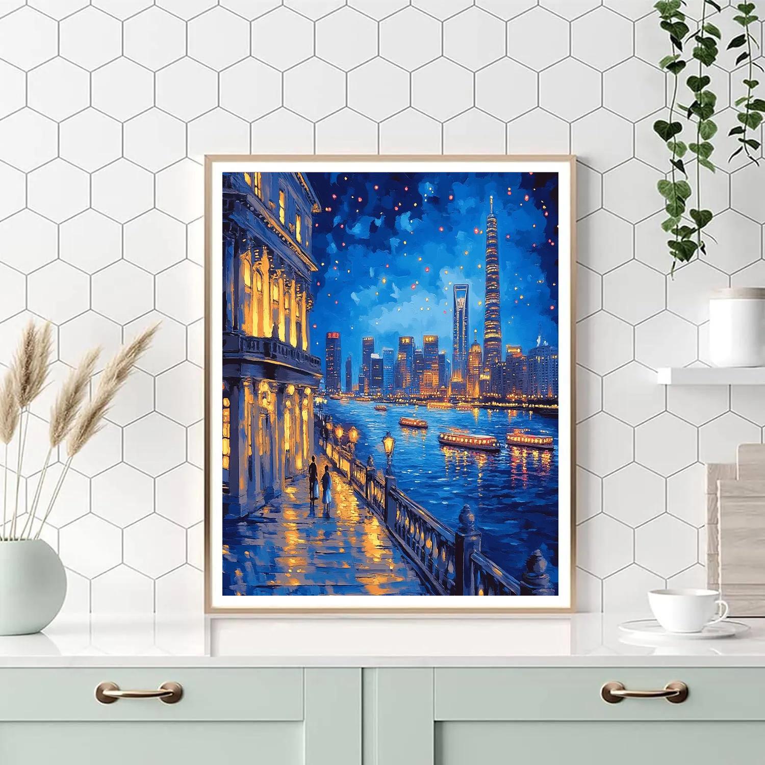 Night Skyline From The Bund Riverside Walk Shanghai China paint by number