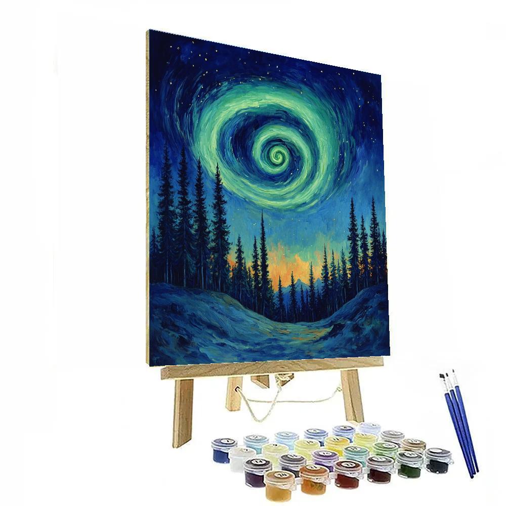Edvard Munch Inspired Aurora Spiral Above Silent Pine Basin paint by color