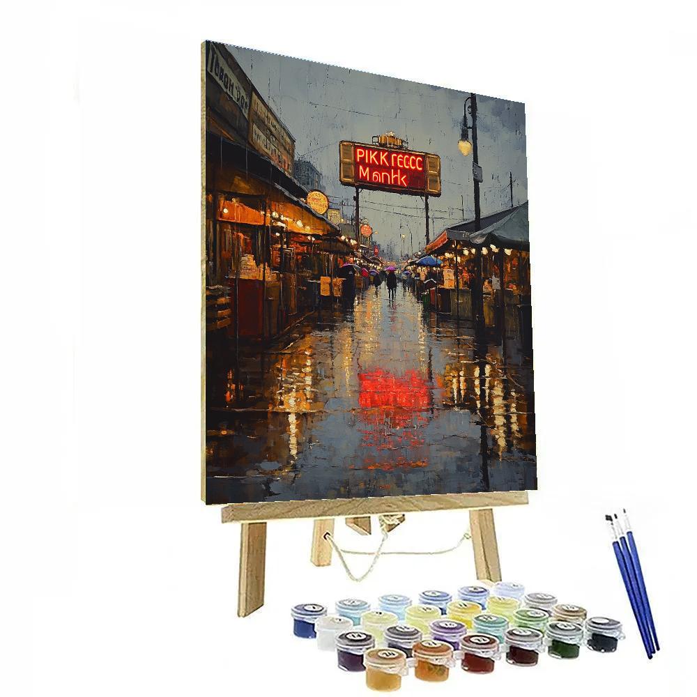 Rainy Evening At Pike Place Market Sign Seattle United States paint by numbers