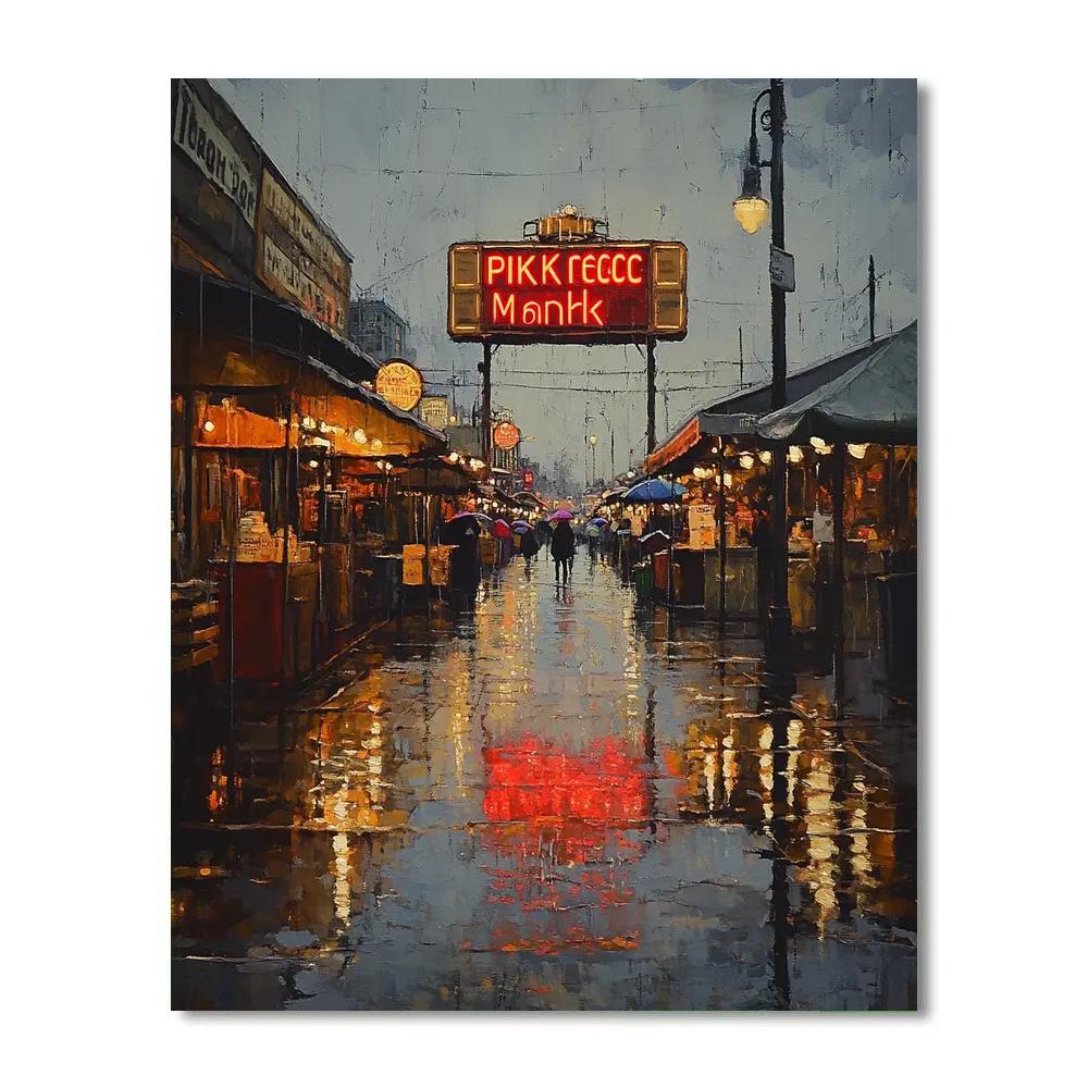 Rainy Evening At Pike Place Market Sign Seattle United States paint by numbers