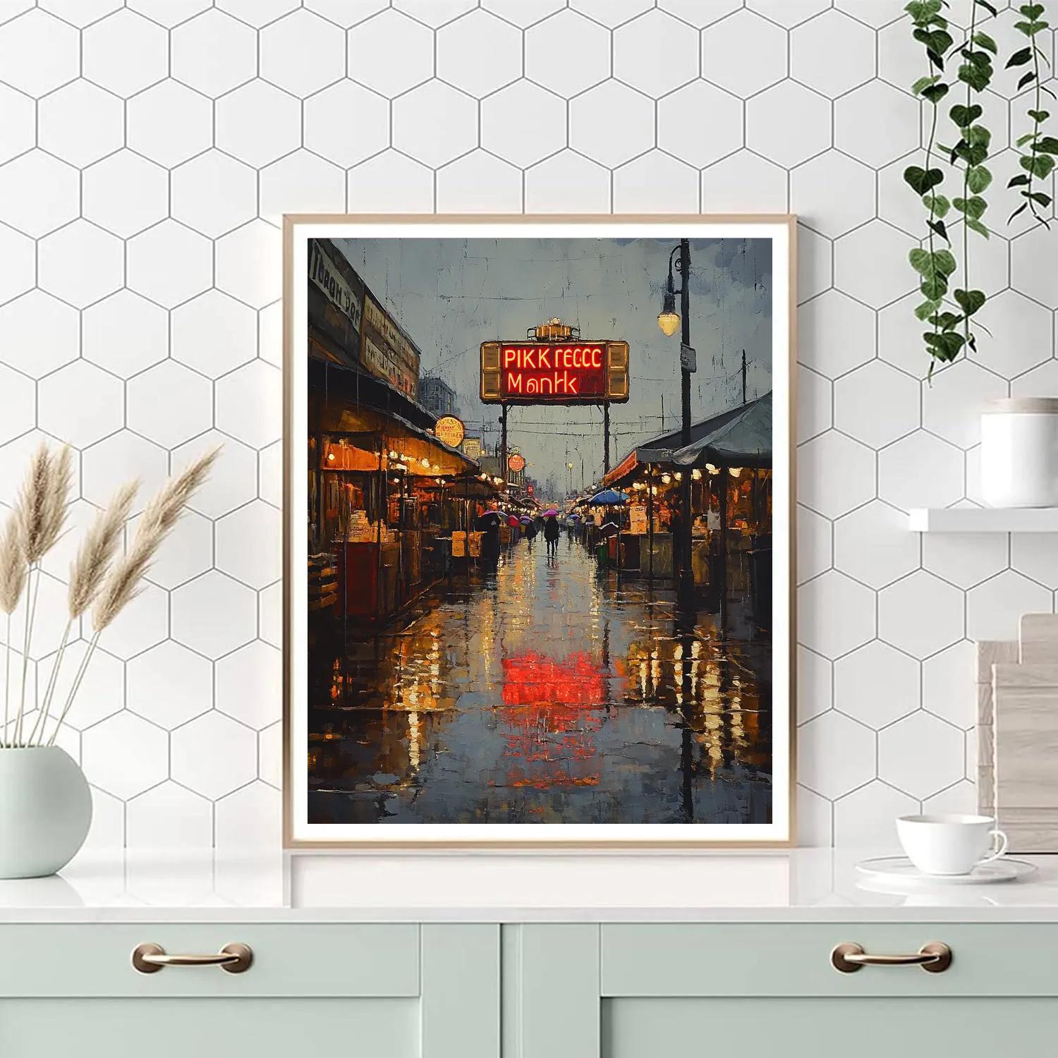 Rainy Evening At Pike Place Market Sign Seattle United States paint by numbers