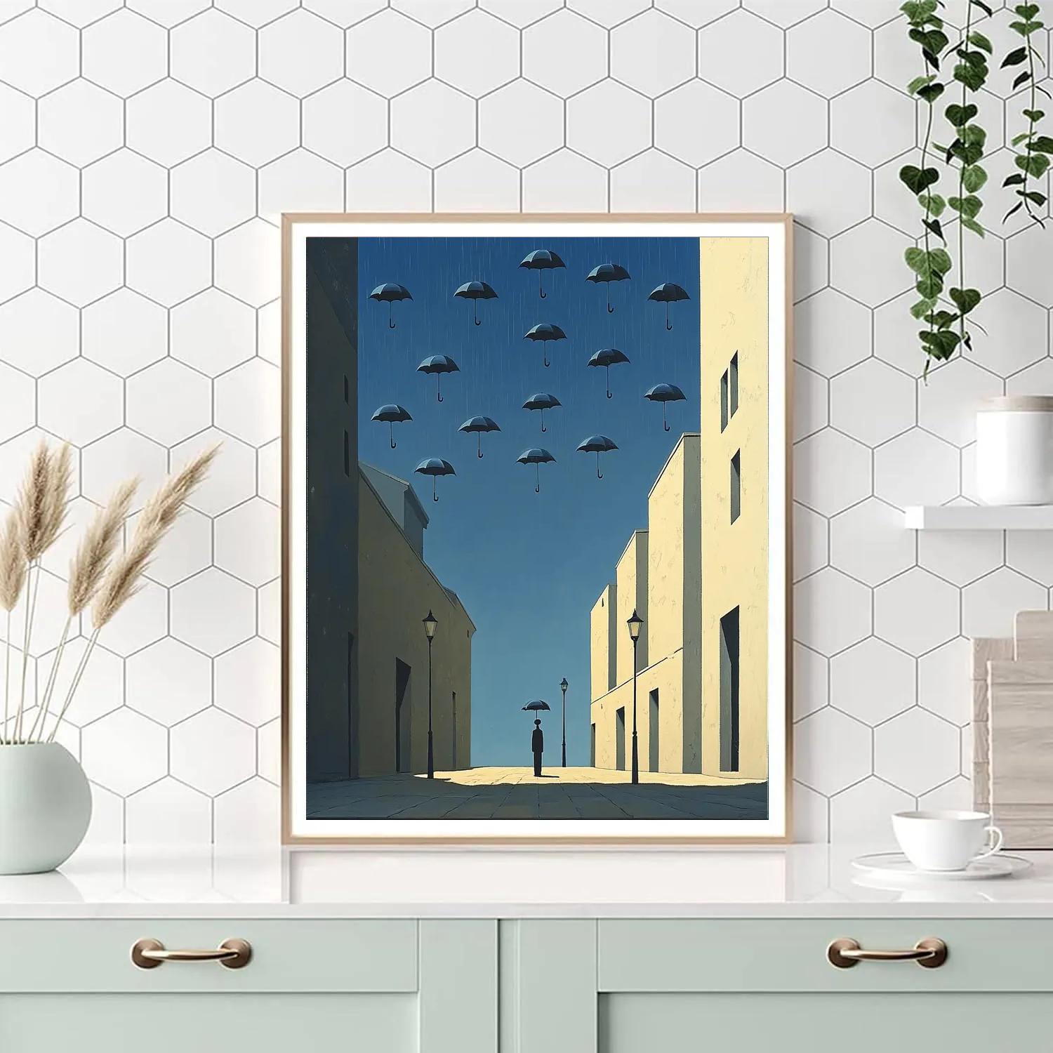 René Magritte Inspired Floating Umbrella Rain Paint by numbers art