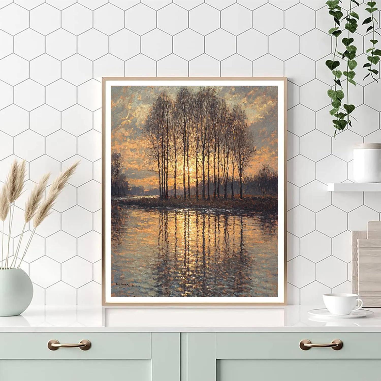 Claude Monet Inspired Amber Thaw On Poplar Riverbank Number painting