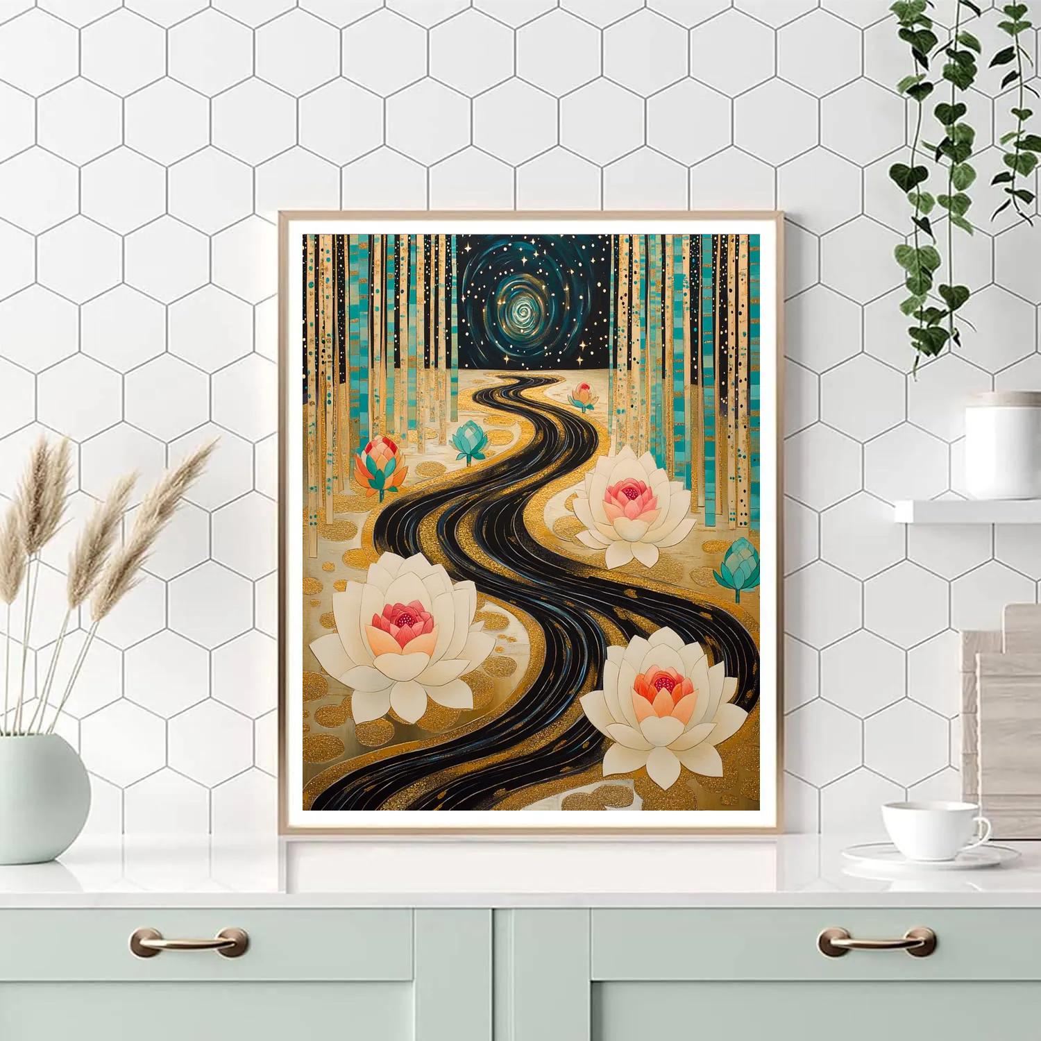 Gustav Klimt Inspired Nebula Lotus River Mosaic paint by numbers