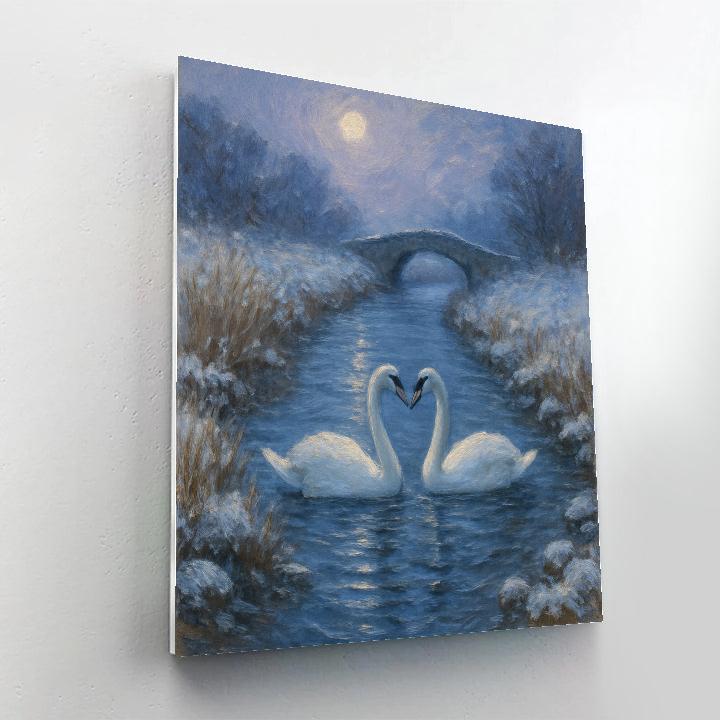Moonlit Swans On A Frost Quiet Canal Number painting