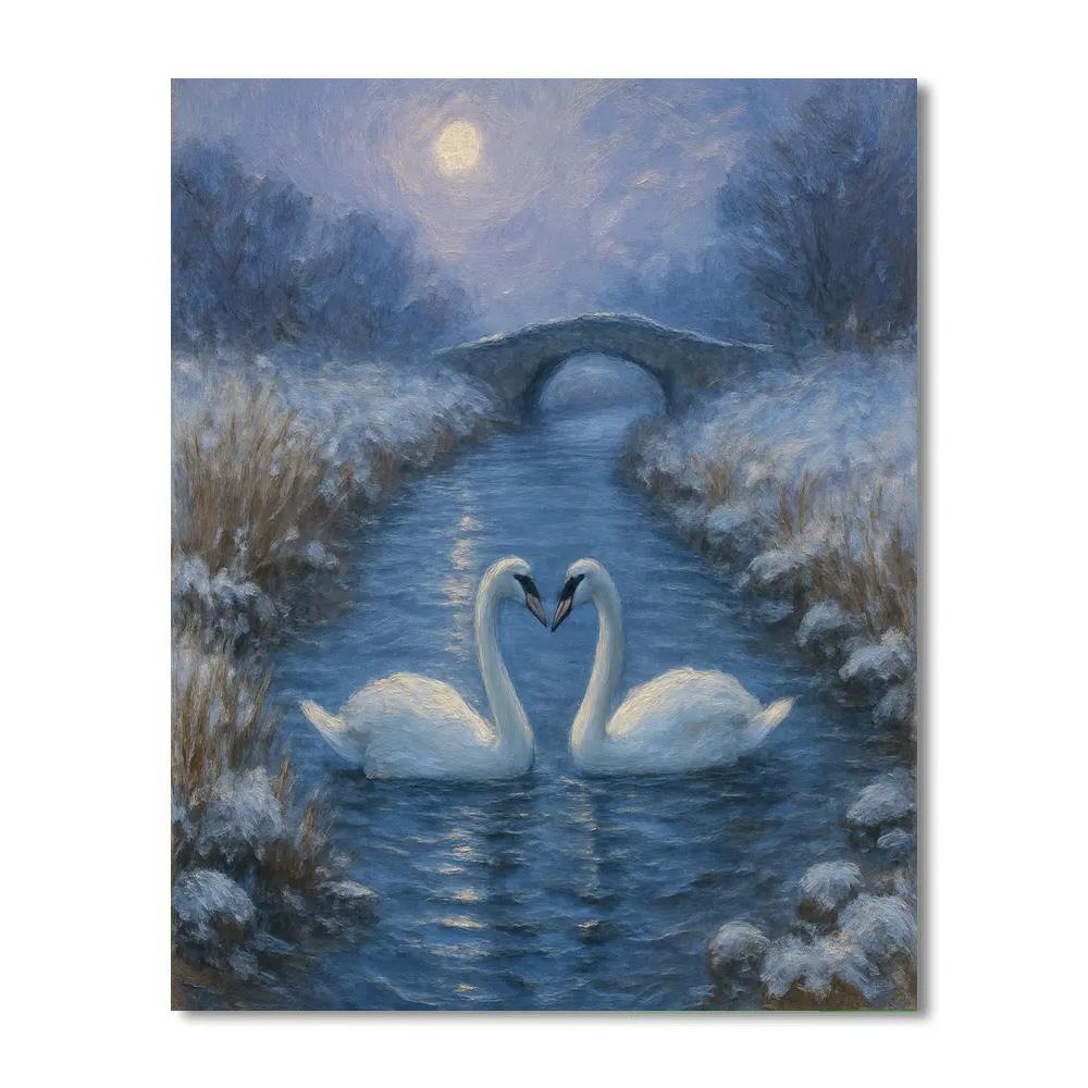 Moonlit Swans On A Frost Quiet Canal Number painting