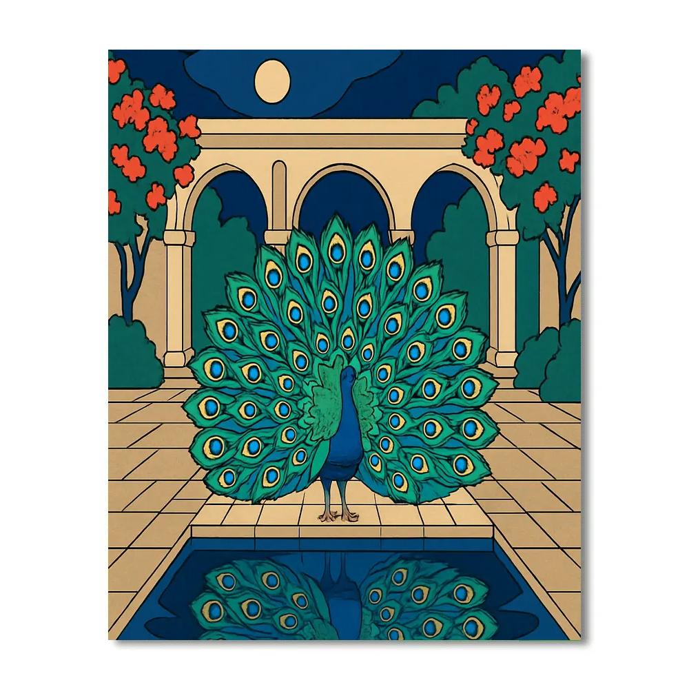 Moonlit Courtyard With Peacock Elegance Paint by numbers art