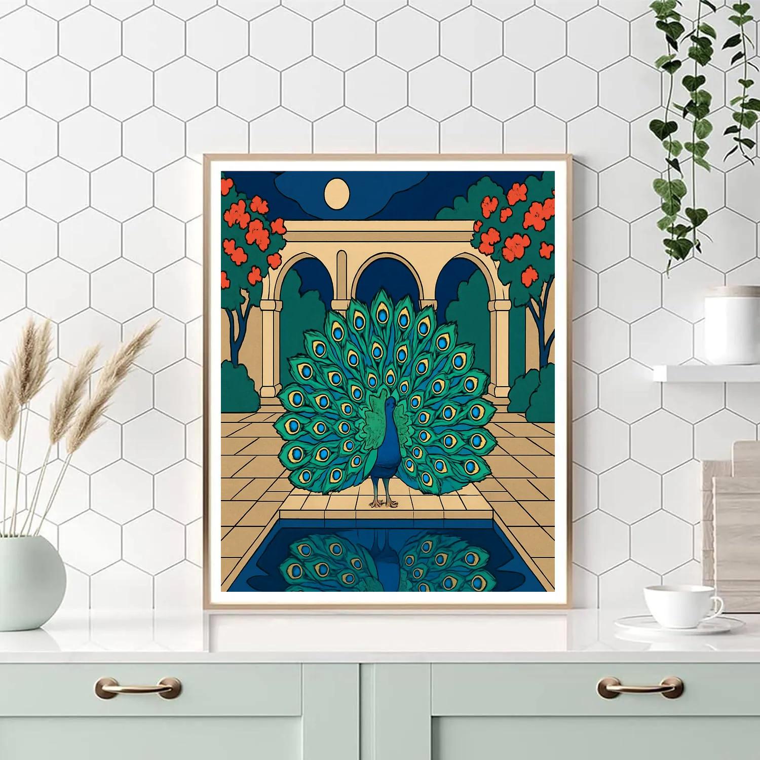 Moonlit Courtyard With Peacock Elegance Paint by numbers art