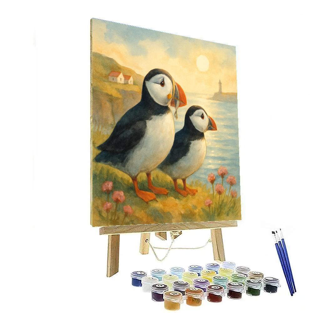 Puffins At The Sea Cliff Teatime Breeze Number painting