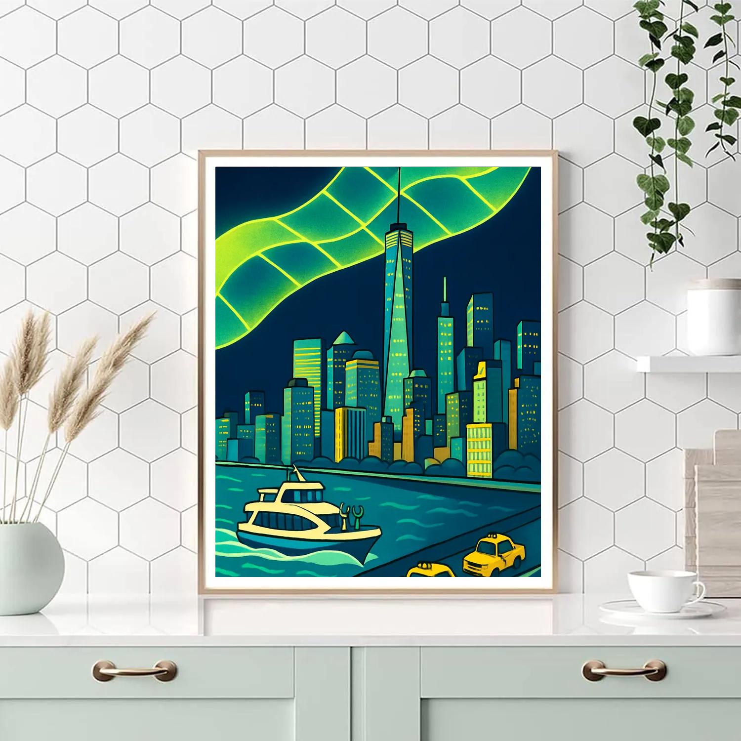 New York Skyline In Aurora Grid paint by numbers