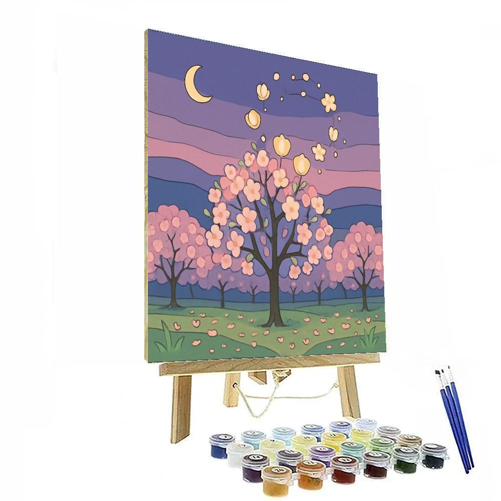 Lantern Blossom Grove With Tree Silhouettes paint by numbers